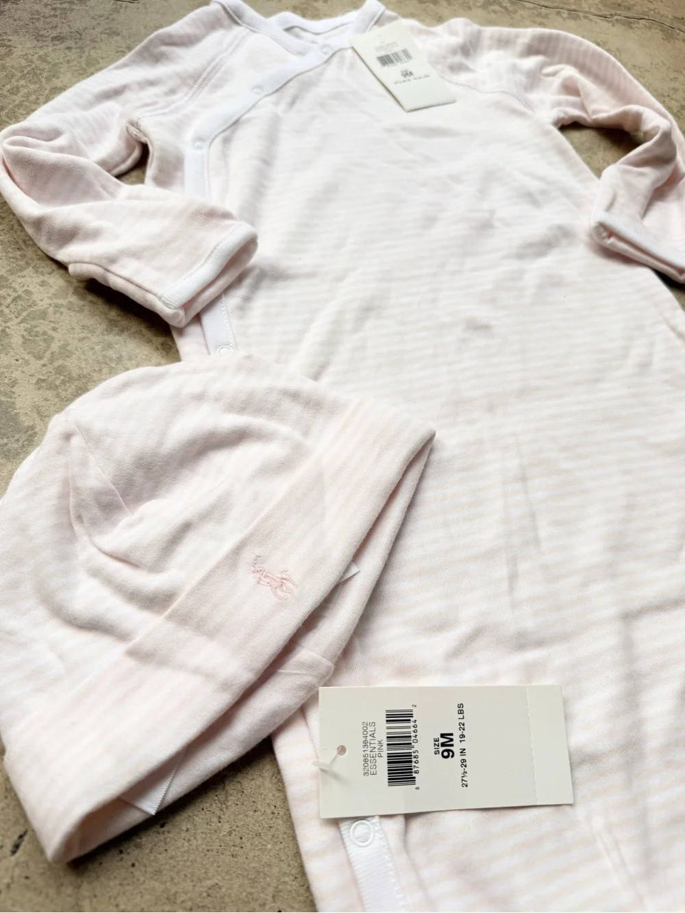 Ralph Lauren Baby Pink Striped Snap-Front Bodysuit & Hat Set 9mo